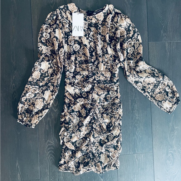 ZARA Floral Metallic Long Sleeve Mini Dress - Picture 13 of 14